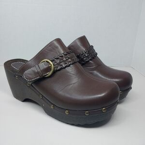 Vtg Route 66 Women size 7.5 Chunky Faux Leather Clogs 90s Y2K Wedge Brown Mules